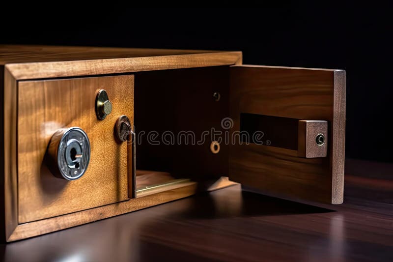Safe Deposit Box, with Keyhole and Lock Visible, Placed Inside Wooden