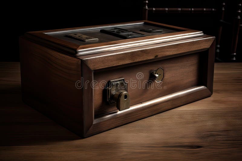 Safe Deposit Box, with Keyhole and Lock Visible, Sitting on Wooden Table Stock Image Image of