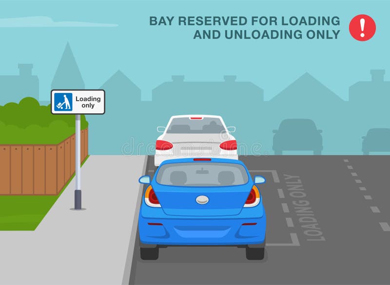 Back view of a cars parked at \'loading only\' sign area. Bay reserved for loading and unloading only. stock illustration