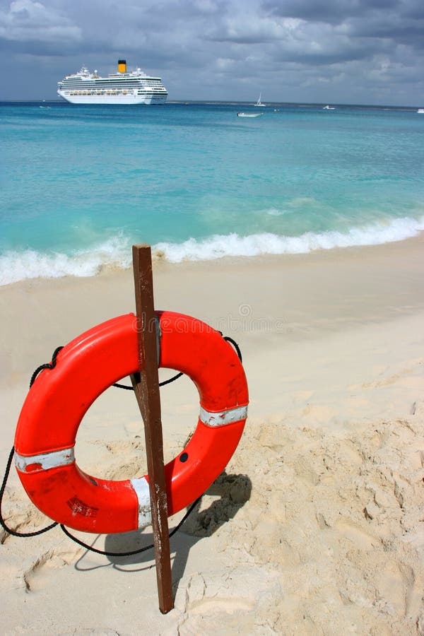 Safeguard ring at the beach. Device helping to float on water. Rescue  assistance. Stock Photo