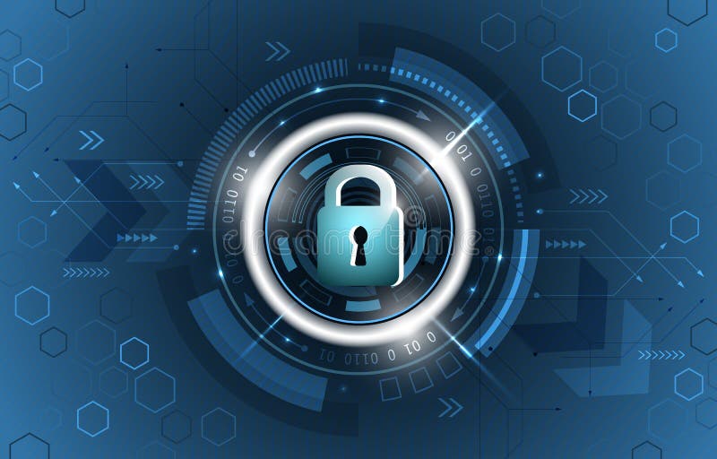 Safety concept. Global security technological background. Closed padlock, glitter, circuit board and hexagon shapes. stock illustration Safety concept. Global security technological background. Closed padlock, glitter, circuit board and hexagon shapes. stock illustration