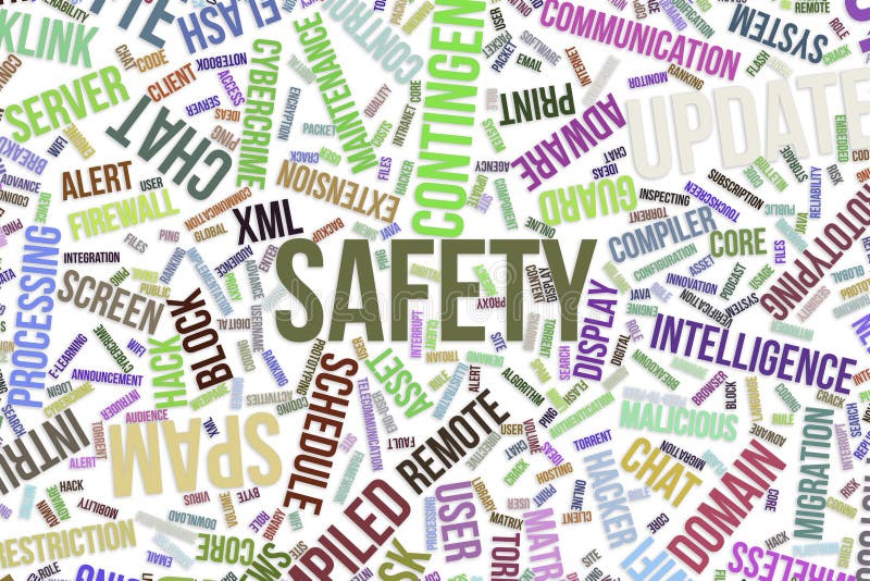 Safety, conceptual word cloud for business, information technology or IT. stock illustration Safety, conceptual word cloud for business, information technology or IT. stock illustration