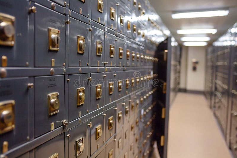 Safety deposit vault with secure storage boxes in a modern, highly protected bank setting. royalty free stock photo