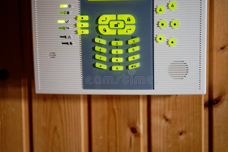 Alarm System Control Panel with Glowing Green Led Keyboard Stock Image