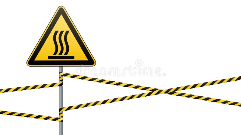 Safety sign. Beware of danger Hot surface. Barrier tape and sign on a pole with a striped ribbon. Yellow-black ribbon on