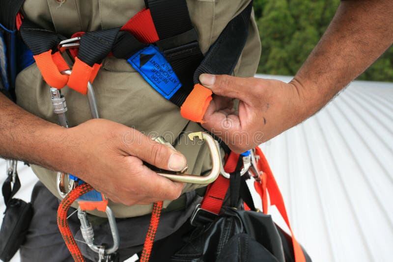 Safety workplaces industrial clipping Carabiner into side safety harness loop prior work