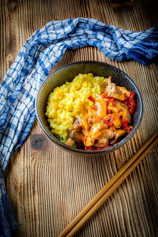 Saffron Rice with Pieces of Chicken. Stock Photo - Image of meal ...
