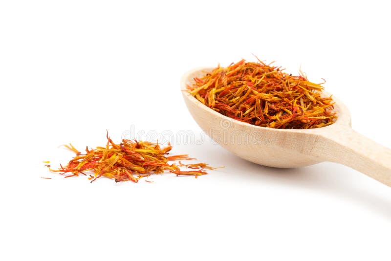 Saffron Spice in Wooden Spoon Isolation White Stock Photo Image of