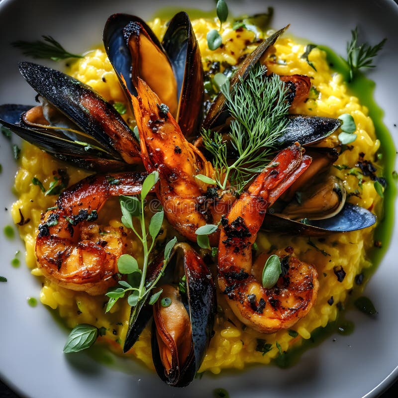 Safran Meeresfrüchte Risotto mit Garnelenmuscheln und Kräuter vektor abbildung