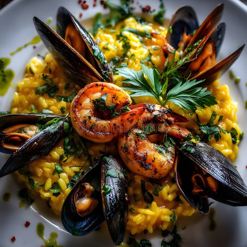 Safran Meeresfrüchte Risotto mit Garnelenmuscheln und Kräuter vektor abbildung