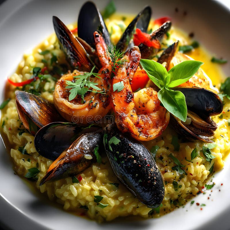 Safran Meeresfrüchte Risotto mit Garnelenmuscheln und Kräuter vektor abbildung