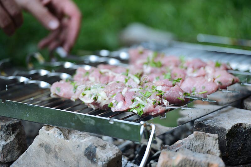 Saftige Scheiben des Fleisches bereiten sich auf Feuer vor stockfoto Saftige Scheiben des Fleisches bereiten sich auf Feuer vor stockfoto