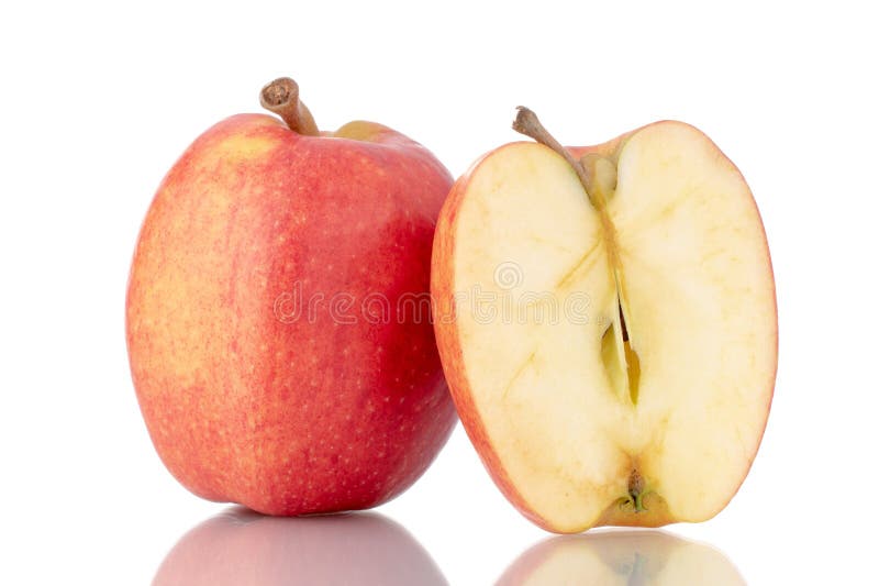 Saftige, süße Äpfel, makro isoliert auf weißem Hintergrund oben oder schwarz Hintergrund. stockfotografie