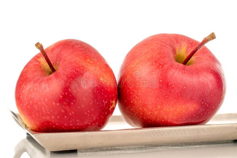 Saftige, süße Äpfel, makro isoliert auf weißem Hintergrund oben oder schwarz Hintergrund. stockbild