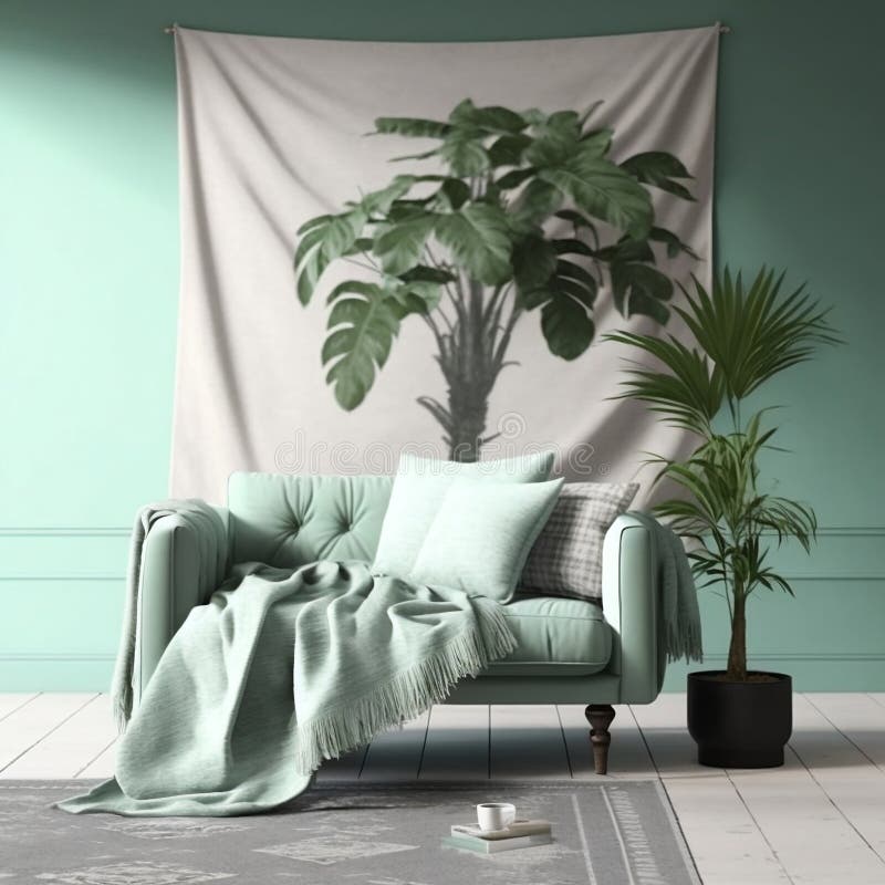 Sage Green Fabric Sofa with a Retro Mid-Century Style. Generative AI royalty free illustration