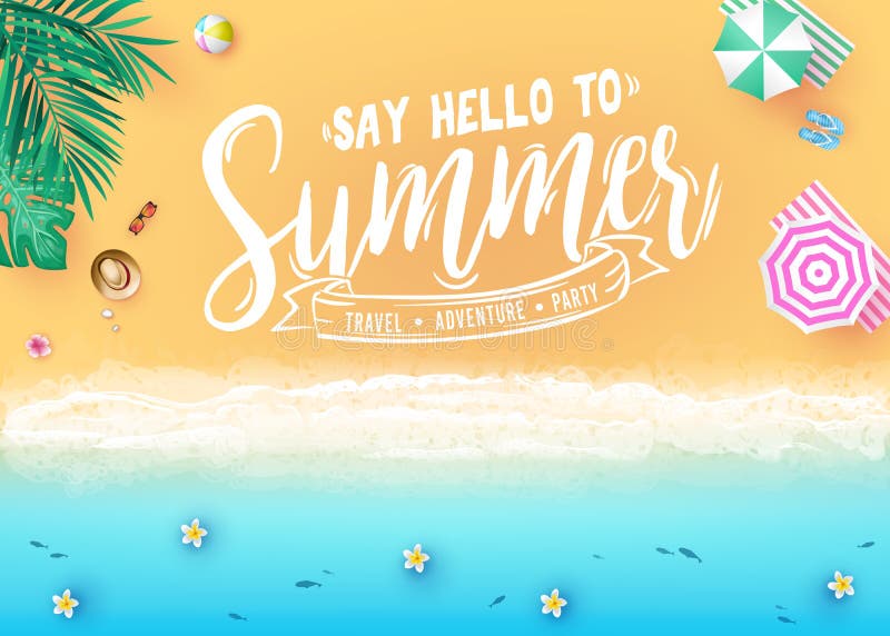 Sagen Sie zur Sommer-Mitteilung in der Seeseiten-Strandurlaubsort-Entwurfs-Draufsicht-kreativen Fahne mit Palmen, tropische Blätt lizenzfreie abbildung Sagen Sie zur Sommer-Mitteilung in der Seeseiten-Strandurlaubsort-Entwurfs-Draufsicht-kreativen Fahne mit Palmen, tropische Blätt lizenzfreie abbildung