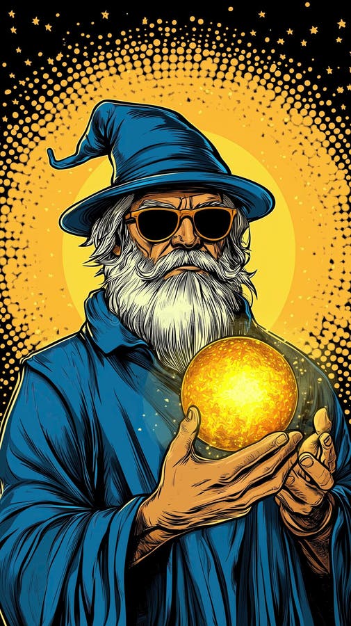 Saggia procedura guidata in veste blu e che tiene la torba luminosa con sfondo di alfone solare illustrazione vettoriale