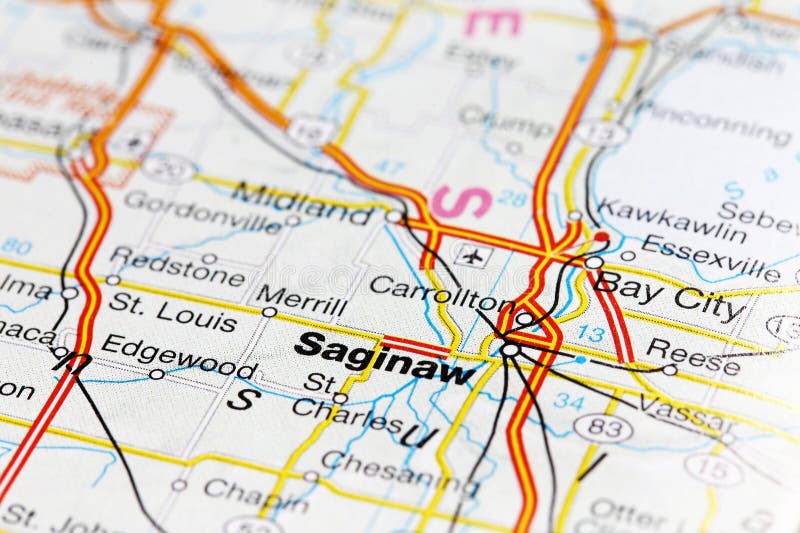 Saginaw city road map area. Closeup macro view