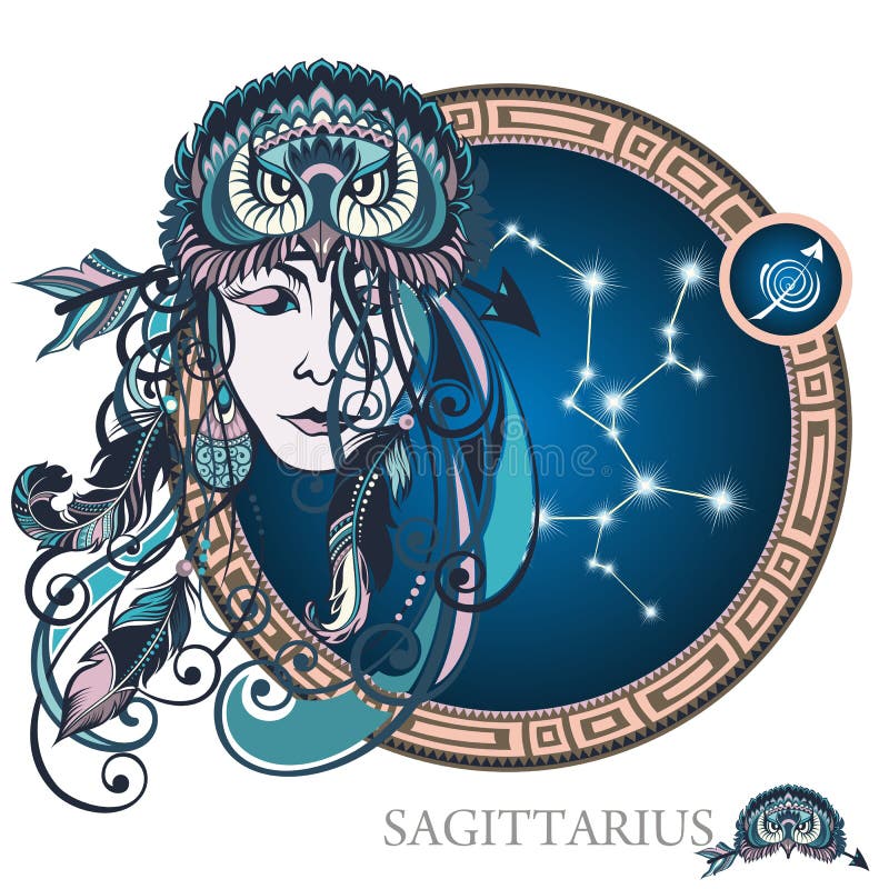 Circle with stylized Zodiac sign Sagittarius as a woman. Circle with stylized Zodiac sign Sagittarius as a woman