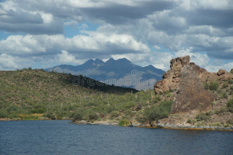 Ship Rock at Saguaro Lake in Tonto National Forest, Arizona, USA Stock