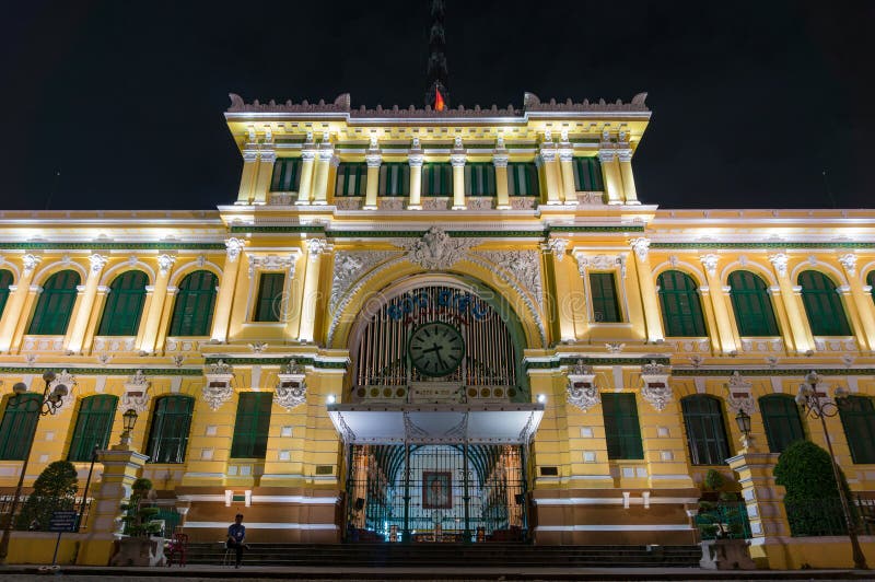 Saigon Central Post Office Building at Night Editorial Stock Image ...