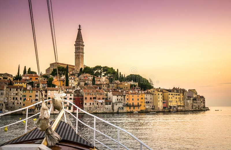 Sail boat and charming Rovinj, Croatia