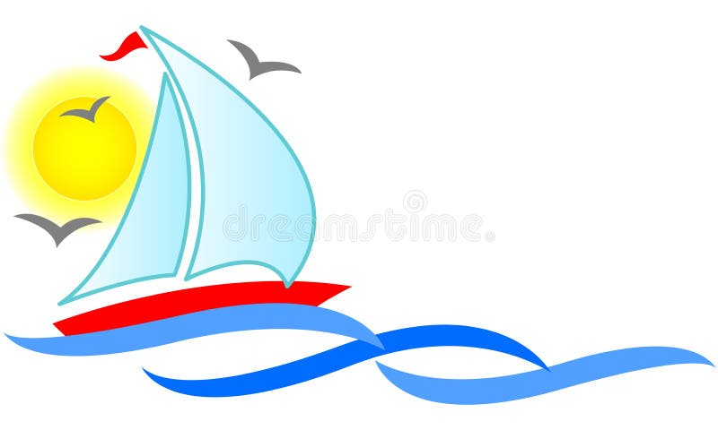 Abstracto ilustraciones de barco de vela vuelo sin motor través de ondas contra verano el sol.
