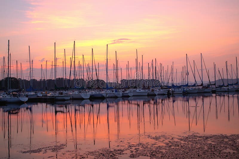 Sailboat harbor at sunrise royalty free stock image