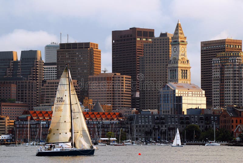 A Sailboat Passes in Front of Boston Editorial Photography Image of
