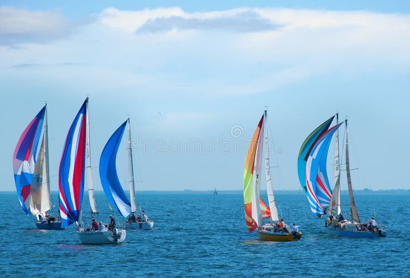 Sailboat race with colorful sails on the sailboats