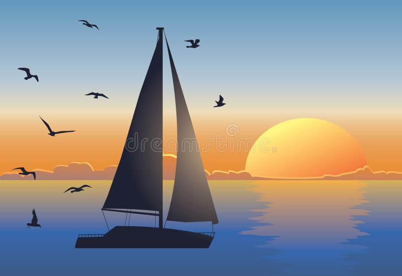 Sunset sea background with silhouettes of yacht and seagulls. Sunset sea background with silhouettes of yacht and seagulls