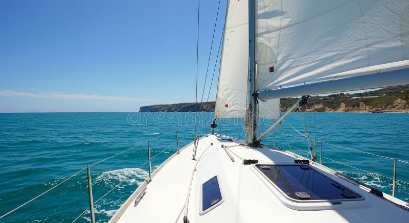 Sailboat Serenity Gliding över turquise Waters med Lush Coastline i AIG-enerated Nautical Scene stock illustrationer