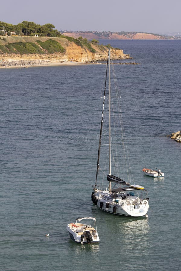 sailboat, speedboat and fishing boat on greek coast in summer, Halkidiki Greece royalty free stock image sailboat, speedboat and fishing boat on greek coast in summer, Halkidiki Greece royalty free stock image