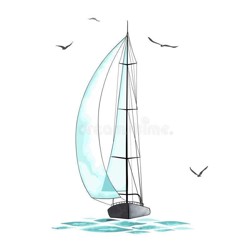 Sailboat in the sea and seagulls around. Objects made in the vector and on white background. Watercolor imitation. Sport yacht, sailboat. Sailboat in the sea and seagulls around. Objects made in the vector and on white background. Watercolor imitation. Sport yacht, sailboat.