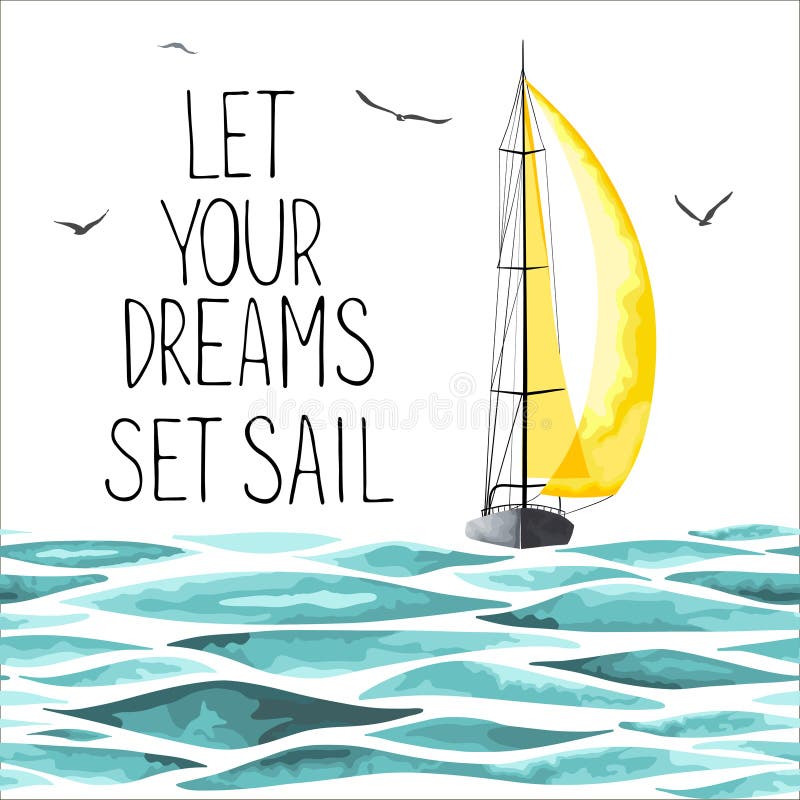 Sailboat with yellow sail in the sea and seagulls around. Objects made in the vector and on white background. Watercolor imitation. Sport yacht, sailboat. Sailboat with yellow sail in the sea and seagulls around. Objects made in the vector and on white background. Watercolor imitation. Sport yacht, sailboat.