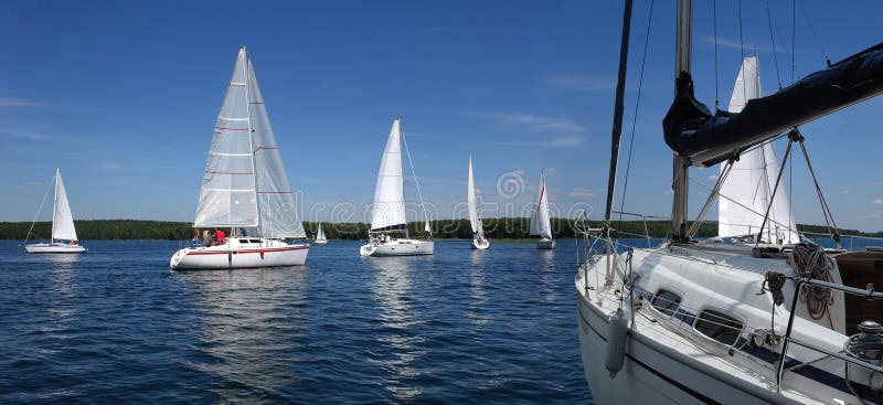 Sailboats Floating In Blue Lake In Summer Stock Image Image Of Blue