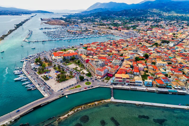 Sailboats in the Marina and the City of Lefkada Island, Greece Stock ...