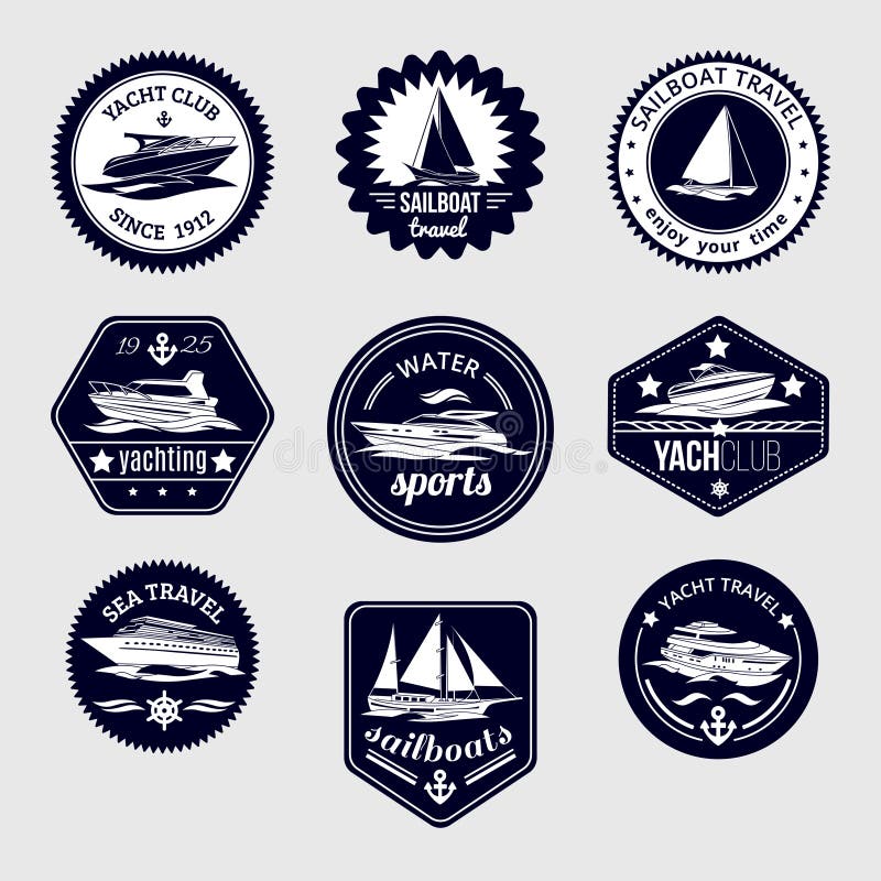 Elite world water sport yacht club sailboat sea travel design labels set black icons isolated vector illustration. Elite world water sport yacht club sailboat sea travel design labels set black icons isolated vector illustration.