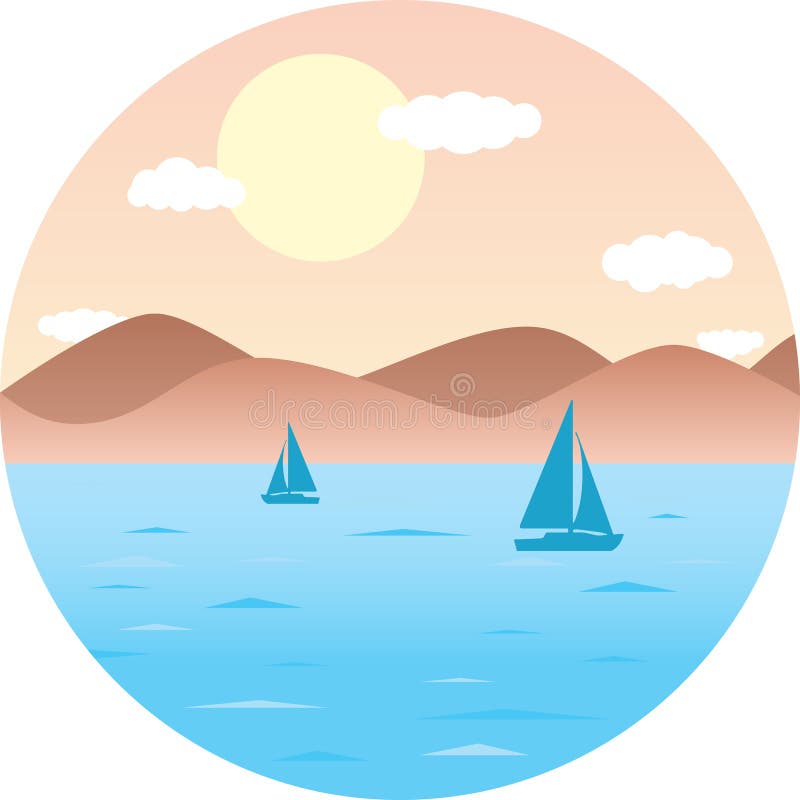 Sailboats floating in the sea. Mountain Beach, sun. Round flat vector illustration summer landscape. Sailboats floating in the sea. Mountain Beach, sun. Round flat vector illustration summer landscape.