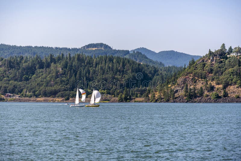 Sailing along the Columbia River with forests on the hills and mountains in the Hood River on a sunny day