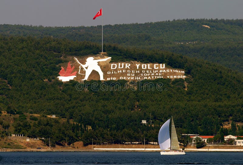 Sailing boat passes through the Canakkale Strait in, Turkey. Sailing boat passes through the Canakkale Strait in, Turkey.