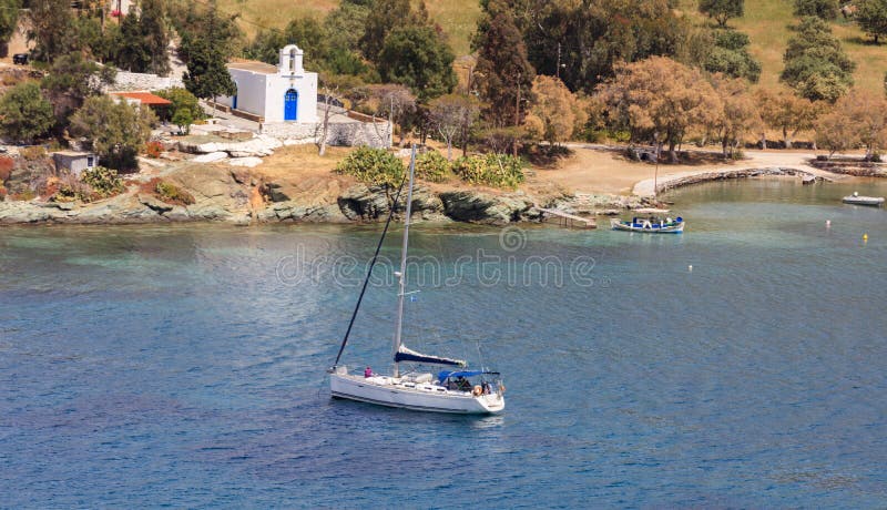 Sailing boat and a small church - Greece, Kea island