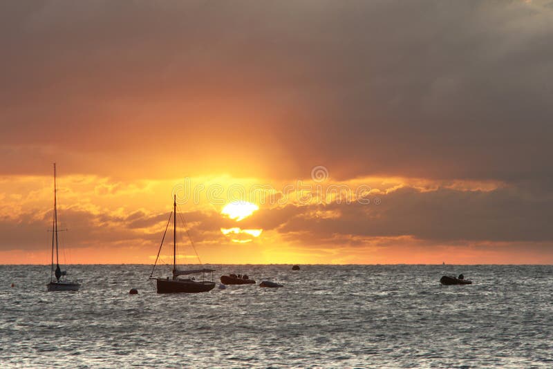 Sailing Boats on Horizon Bathed in Sun S Rays Stock Image Image of