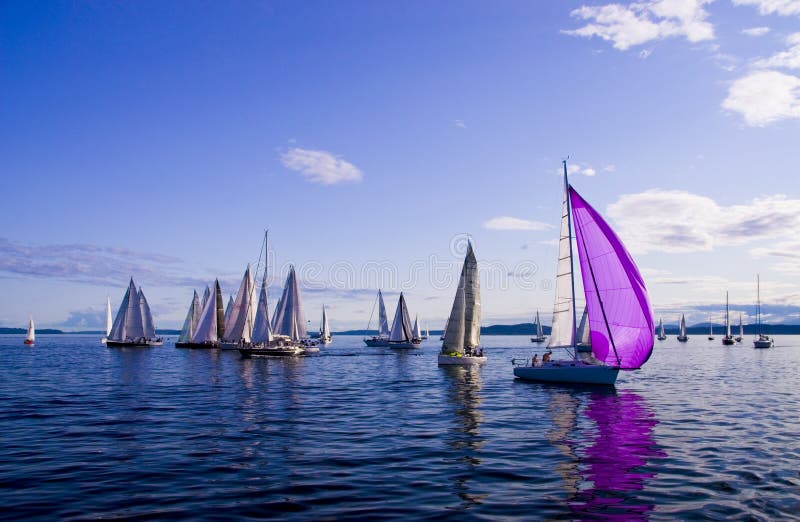 Sailboats on Elliott Bay in downtown Seattle, WA. Sailboats on Elliott Bay in downtown Seattle, WA