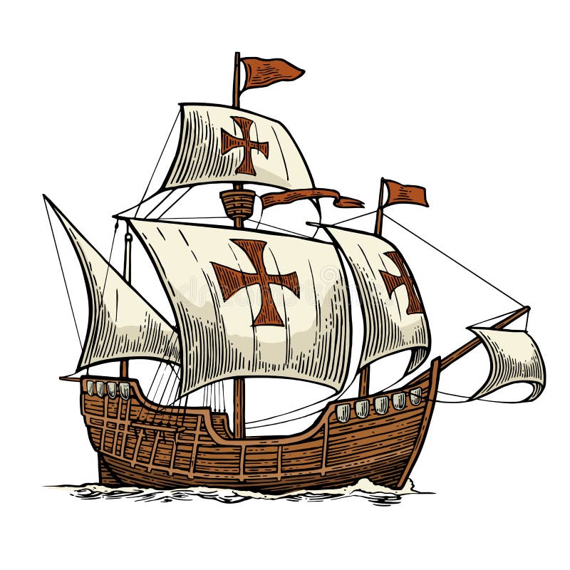 Sailing Ship Floating on the Sea Waves. Caravel Santa Maria Stock