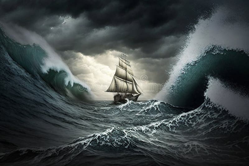 Sailing Ship in a Giant Storm with Crashing Waves. Sailing Boat Inside