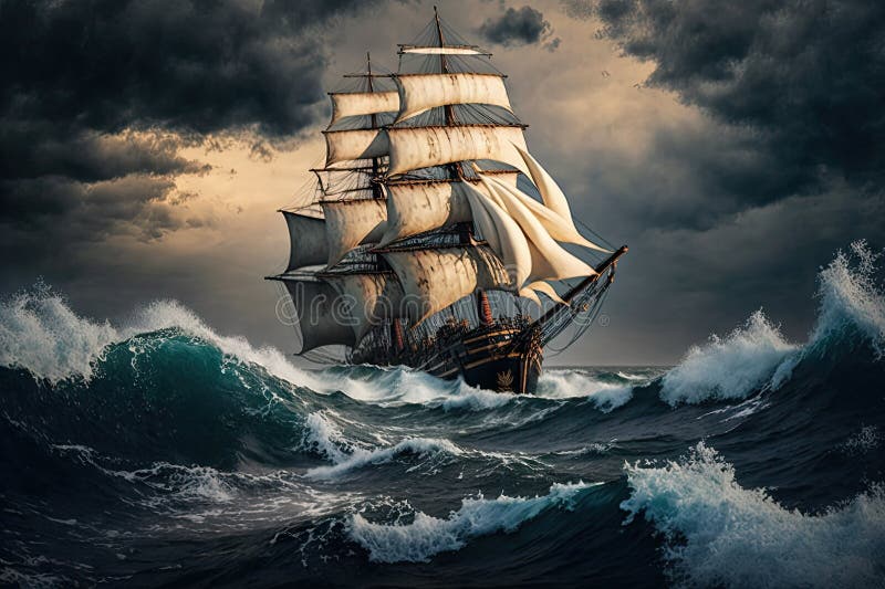 Sailing Ship in Rough Sea with Waves Sailing in a Storm Stock