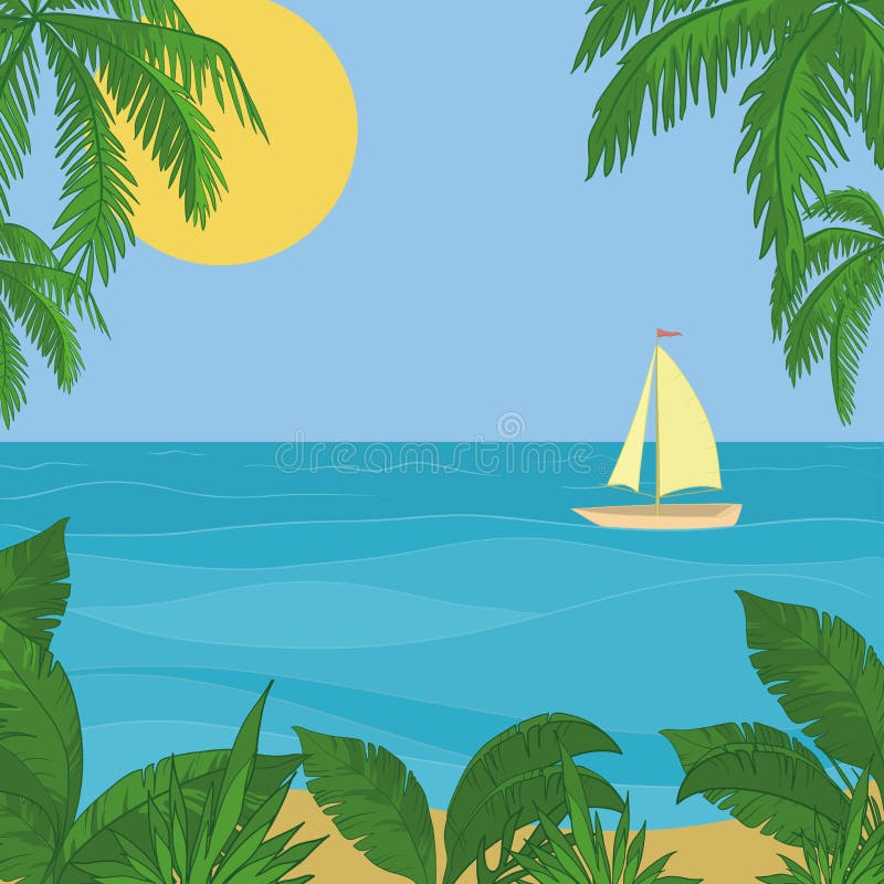 Sailing ship floating in the blue sea, the view from a tropical island. Sailing ship floating in the blue sea, the view from a tropical island.