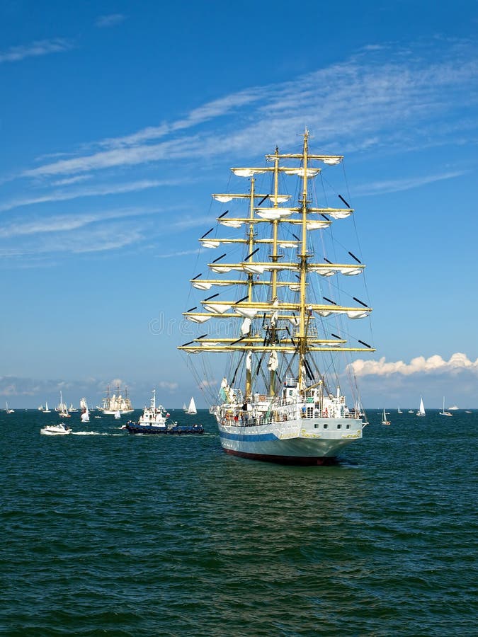 Tall Sailship Lit Up at Night at the Dock. Stock Photo Image of blue