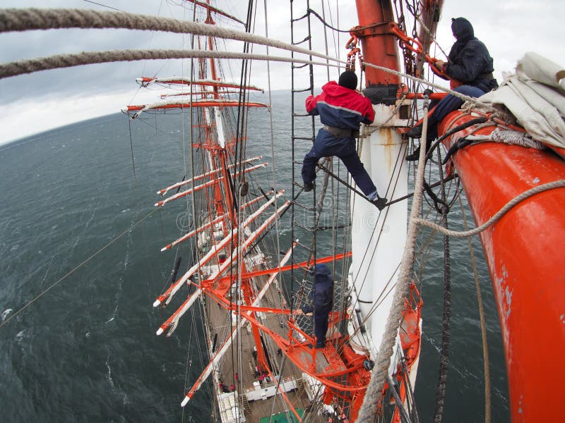 Sailing on tallship or sailboat, view from aloft stock images Sailing on tallship or sailboat, view from aloft stock images